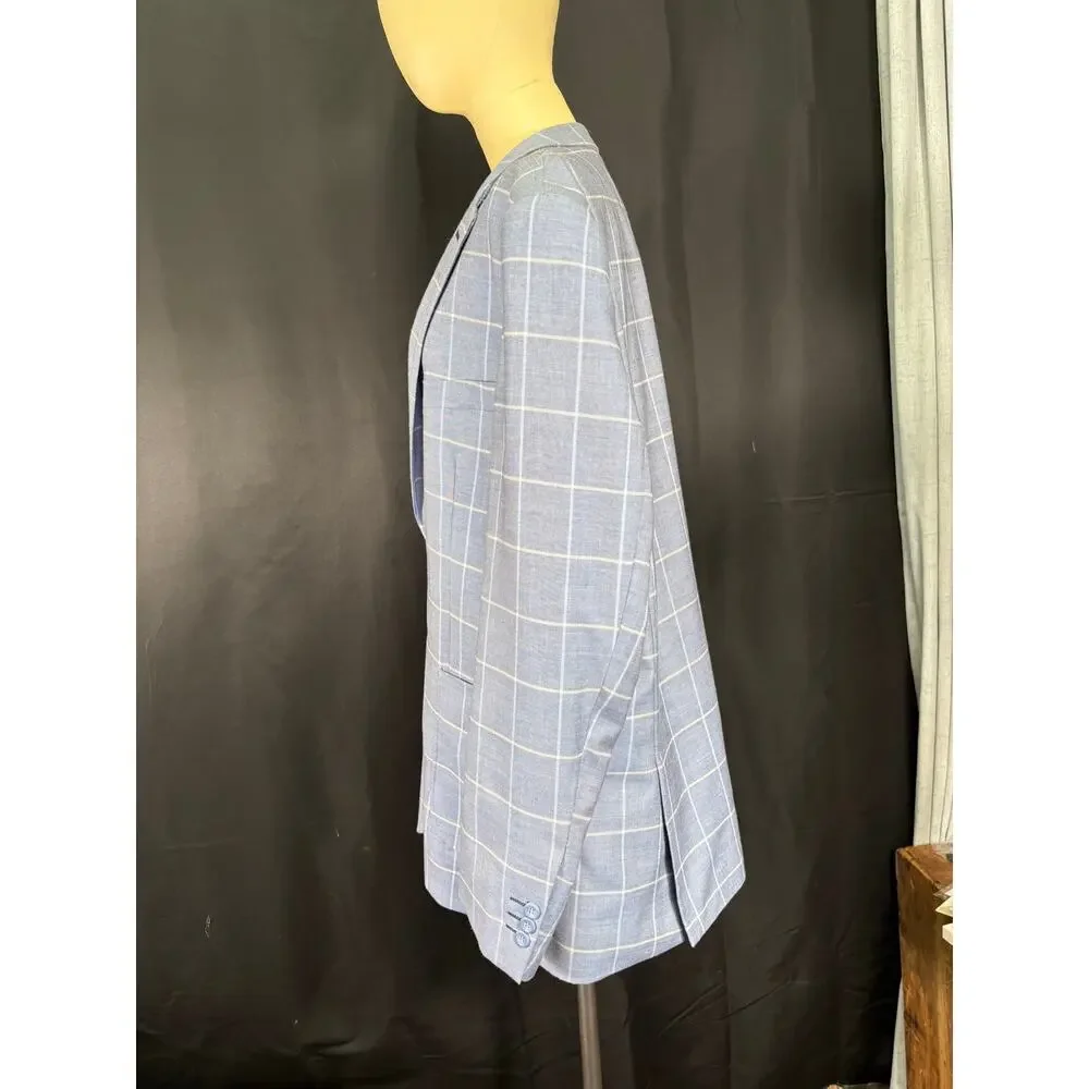 Lorenzo Bruno Italian Design Blazer, Blue Plaid, Sports Coat, Super 150 Lined